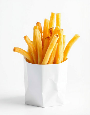 French fries in a white paper box on a white background, isolated