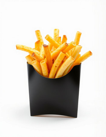French fries in a black box isolated on white background with clipping path
