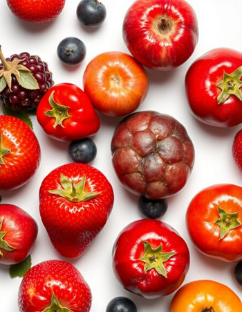 Fruits and vegetables on a white background. View from above.