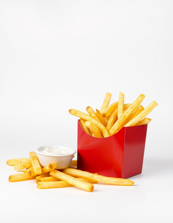 French fries with sour cream in a red box on a white backgroundの写真素材