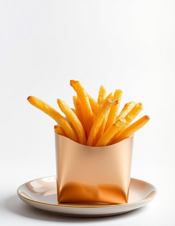 Golden French fries in a paper box on a white background. Fast food.