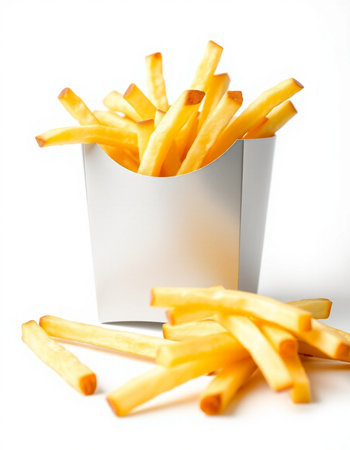 French fries in paper box isolated on white background. Close up.