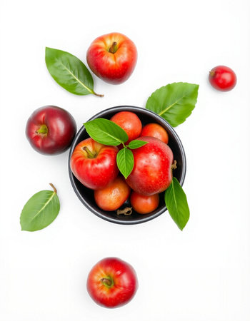 Fresh red apples in bowl isolated on white backgroundの写真素材