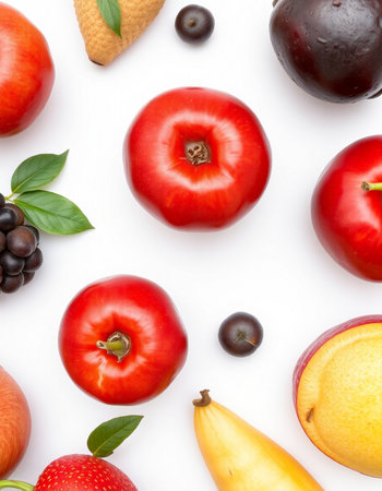 Fruits and berries isolated on white background. Top view. Flat lay patternの写真素材