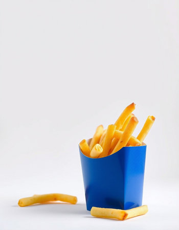 French fries in a blue box on a white background. Selective focus.の写真素材