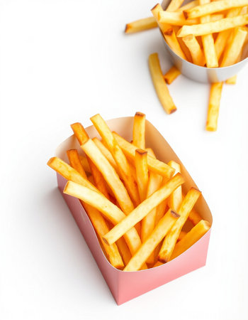 French fries in a box on a white background. Selective focus.