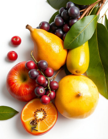 Fruits on a white background. Healthy food concept. Top view.の写真素材