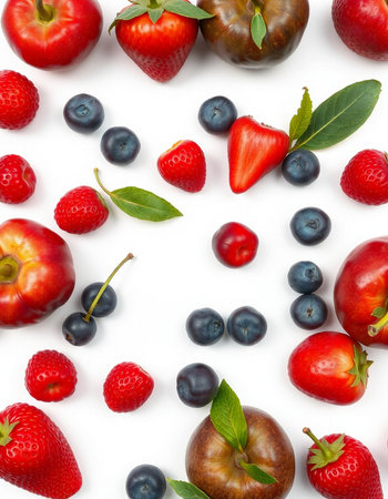 strawberry and blueberry isolated on white background. top viewの写真素材
