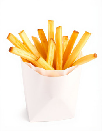 French fries in a paper box on a white background. Isolated