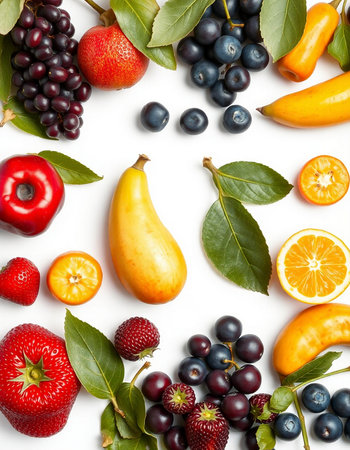 Fruits and berries on white background. Top view. Flat lay