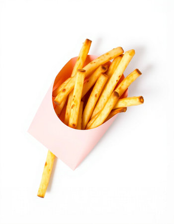 French fries in a pink box on a white background, top viewの写真素材