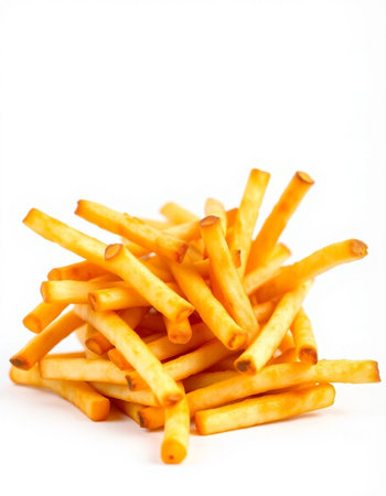 French fries on a white background. Shallow depth of field.