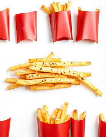 French fries in red paper box isolated on white background, top view