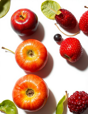 Red apples and berries on a white background. Healthy food concept.の写真素材