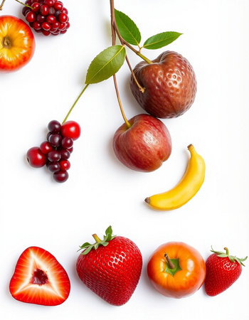 Fresh fruits and berries on a white background. Flat lay, top viewの写真素材