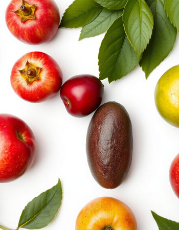 Flat lay composition with fresh ripe fruits and leaves on white backgroundの写真素材