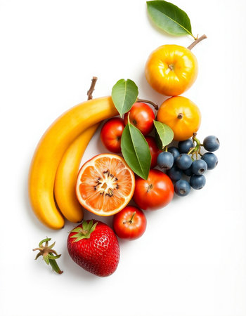 Fresh fruits and vegetables on a white background. Healthy food concept.の写真素材