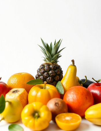 Fruits and vegetables isolated on white background. Healthy food concept.の写真素材