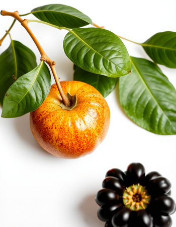 Fruit and leaves on a white background. Flat lay, top view.の写真素材