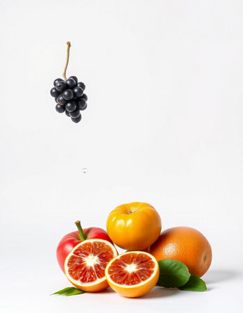 Fruits and berries on a white background with space for text.の写真素材