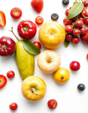 Fruits and berries isolated on white background. Flat lay, top viewの写真素材