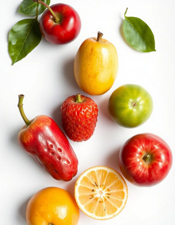 Fruits on a white background. Flat lay, top view.の写真素材