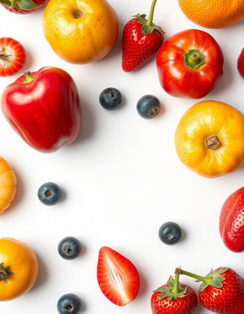 Fresh fruits and berries on white background, top view. Flat layの写真素材