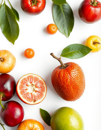 Fruits and vegetables on white background. Flat lay, top viewの写真素材