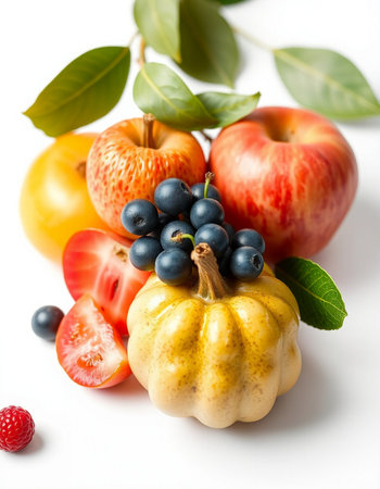 Autumn composition with pumpkin, apples and berries on a white backgroundの写真素材