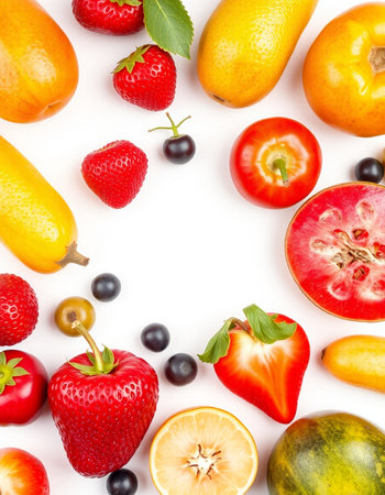 Fresh fruits and berries isolated on white background. Top view. Flat lay pattern.