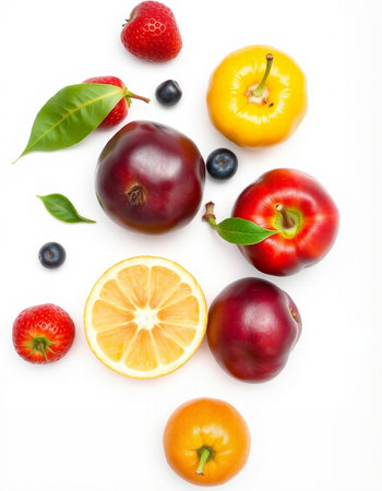 Fruits and berries isolated on a white background. Top view.の写真素材