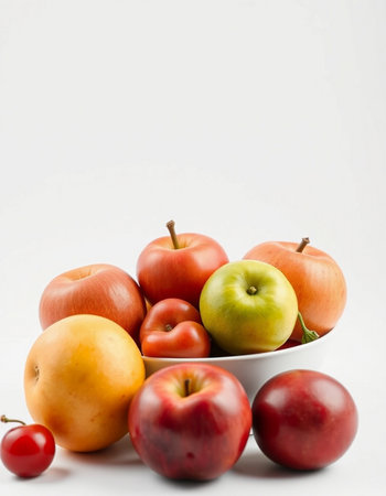 Variety of fresh fruits on a white background. Healthy eating concept.の写真素材