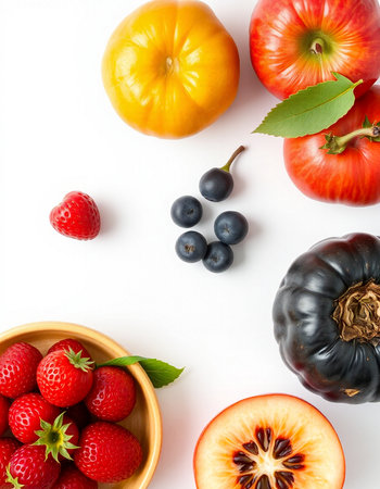 Fruits and vegetables on white background. Flat lay, top viewの写真素材