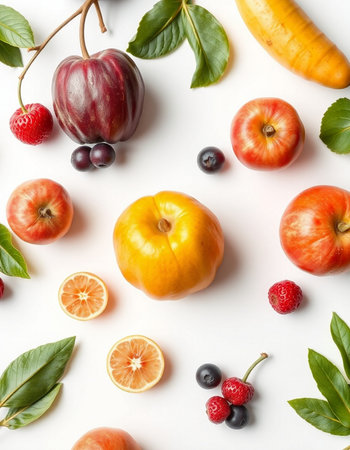Fruits and berries on white background, flat lay. Healthy foodの写真素材