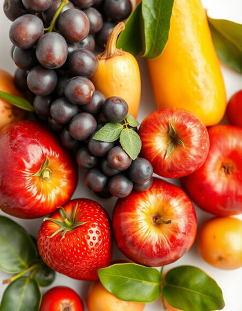 Fresh fruits and vegetables on the white background. Healthy food concept.の写真素材