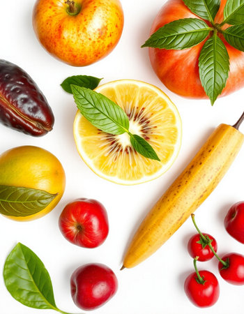 Fresh fruits and vegetables isolated on white background. Top view. Flat lay