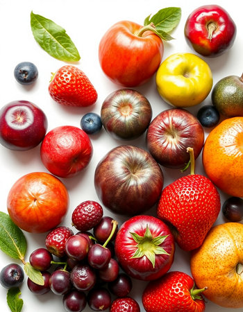 Fruits and berries isolated on white background. Flat lay, top viewの写真素材