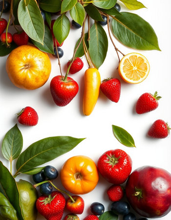 Fresh fruits and vegetables on white background. Flat lay, top viewの写真素材