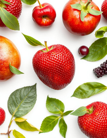 Fruit pattern with strawberries, blackberries, cherries and leavesの写真素材