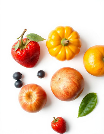 Fruits and vegetables isolated on white background. Flat lay, top viewの写真素材