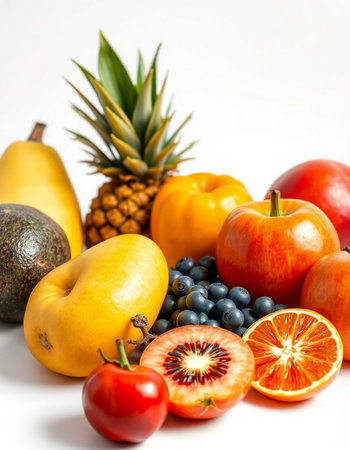 Fruits and vegetables isolated on white background. Healthy food concept.の写真素材