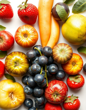 Fruits and vegetables arranged in a circle on a white background.の写真素材