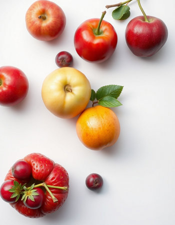 Fruits and berries on white background. Flat lay, top viewの写真素材
