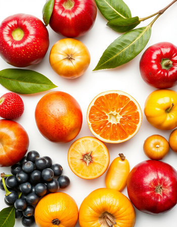 Fruit collection isolated on white background. Flat lay, top viewの写真素材