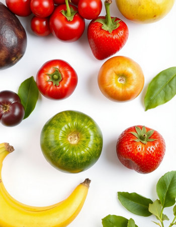 Fruits and vegetables on white background. Flat lay, top view