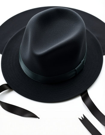 Black hat and black ribbon on a white background. Studio shot.の写真素材