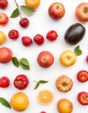 Flat lay composition with plums, cherries, apples, oranges and other fruits on white backgroundの写真素材