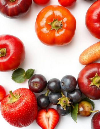 Fruits and vegetables on a white background. Flat lay, top view