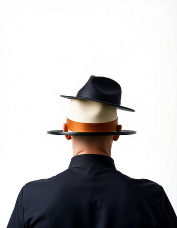 Man in hat and black jacket on white background. Back view.の写真素材
