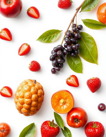 Fruits and berries on white background. Flat lay, top view